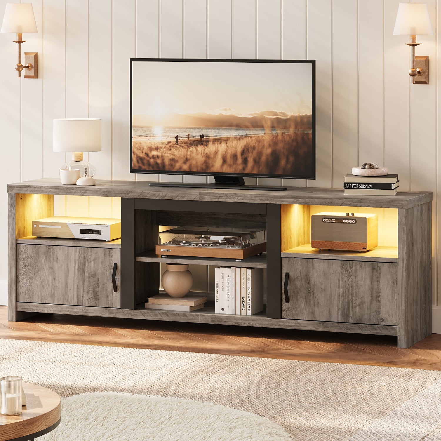 Bestier 70" Farmhouse TV Stand for TVs up to 80" with LED Lights, Entertainment Center with Cabinet & Open Shelves in Wash Grey
