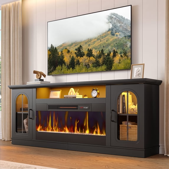 Bestier 70" Fireplace TV Stand with 36" Electric Fireplace, Farmhouse Entertainment Center for TVs up to 75", TV Console with LED Lights, Glass Door, Adjustable Shelves for Living Room, Black