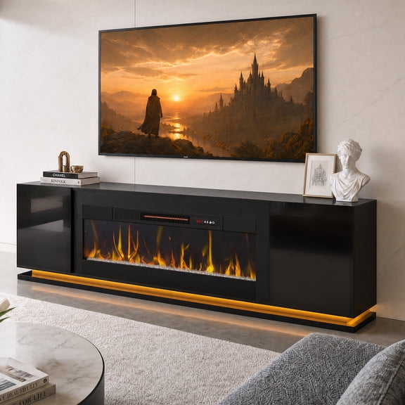 Bestier 70" Fireplace TV Stand with 36" Electric Fireplace, Mornden Entertainment Center for TVs up to 75", LED Lights, Glass Door & Adjustable Shelves for Living Room, Black