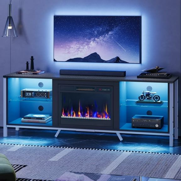 Bestier 70" Fireplace TV Stand for TVs up to 80" TV LED Entertainment Center with 23" Fireplace, Carbon Fiber