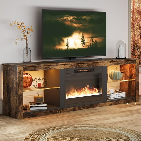 Bestier 70 Inch Fireplace TV Stand for TV up to 80", LED Entertainment Center with 23" Electric Fireplace Media Console Table for Living Room with Glass Shelves, Rustic Brown