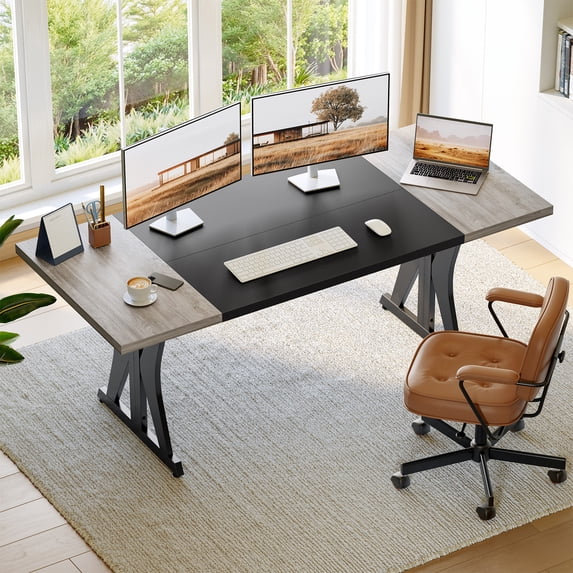 Bestier 70 Inch Large Computer Desk, Modern Two-Tone Executive Office Desk with Sturdy K-Shaped Metal Frame, Industrial Home Office Writing Desk for Gaming, Studying, and Working, Grey