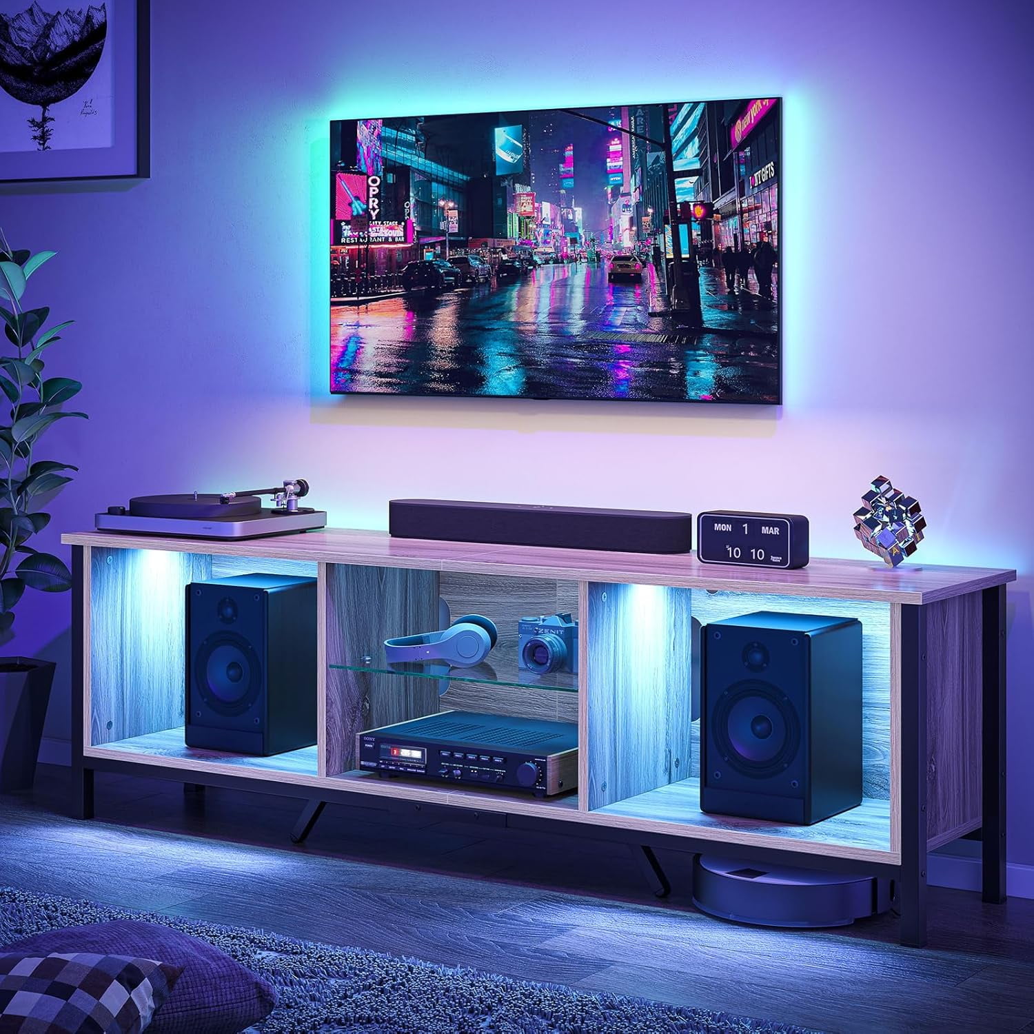65 Inch Tv Stand Bestier 140cm TV Stand Cabinet For 55/65 Inch TVs U2013 Modern Entertainment Unit With RGB LED Lights, Glass Shelf, 3 Power Outlets & 2 USB Ports, Rustic Black