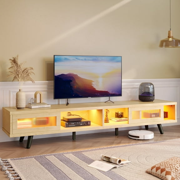 Bestier 70" LED TV Stand for TVs up to 75", Mid-Century Modern Entertainment Center with Sliding Glass Door, Media TV Console Table, White Maple