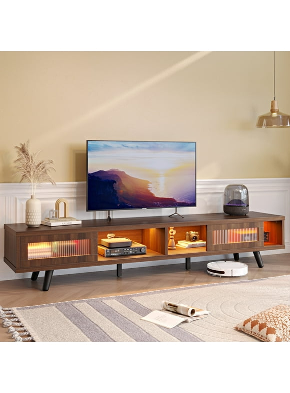 Bestier 70" LED TV Stand for TVs up to 75" TV, Mid-Century Modern Entertainment Center with Sliding Glass Door, Media TV Console Table, Ancona Walnut