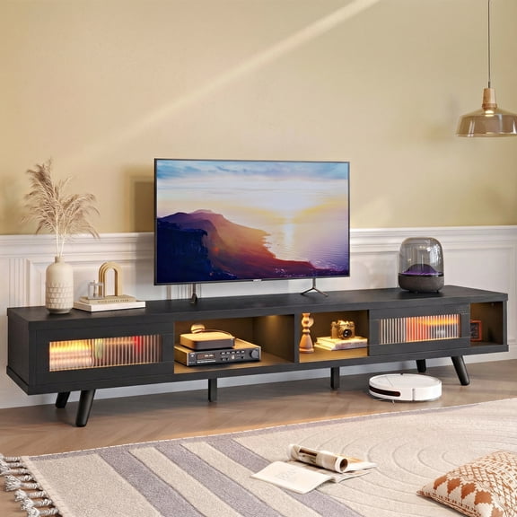 Bestier 70" LED TV Stand for TVs up to 75" TV, Mid-Century Modern Entertainment Center with Sliding Glass Door, Media TV Console Table, Black