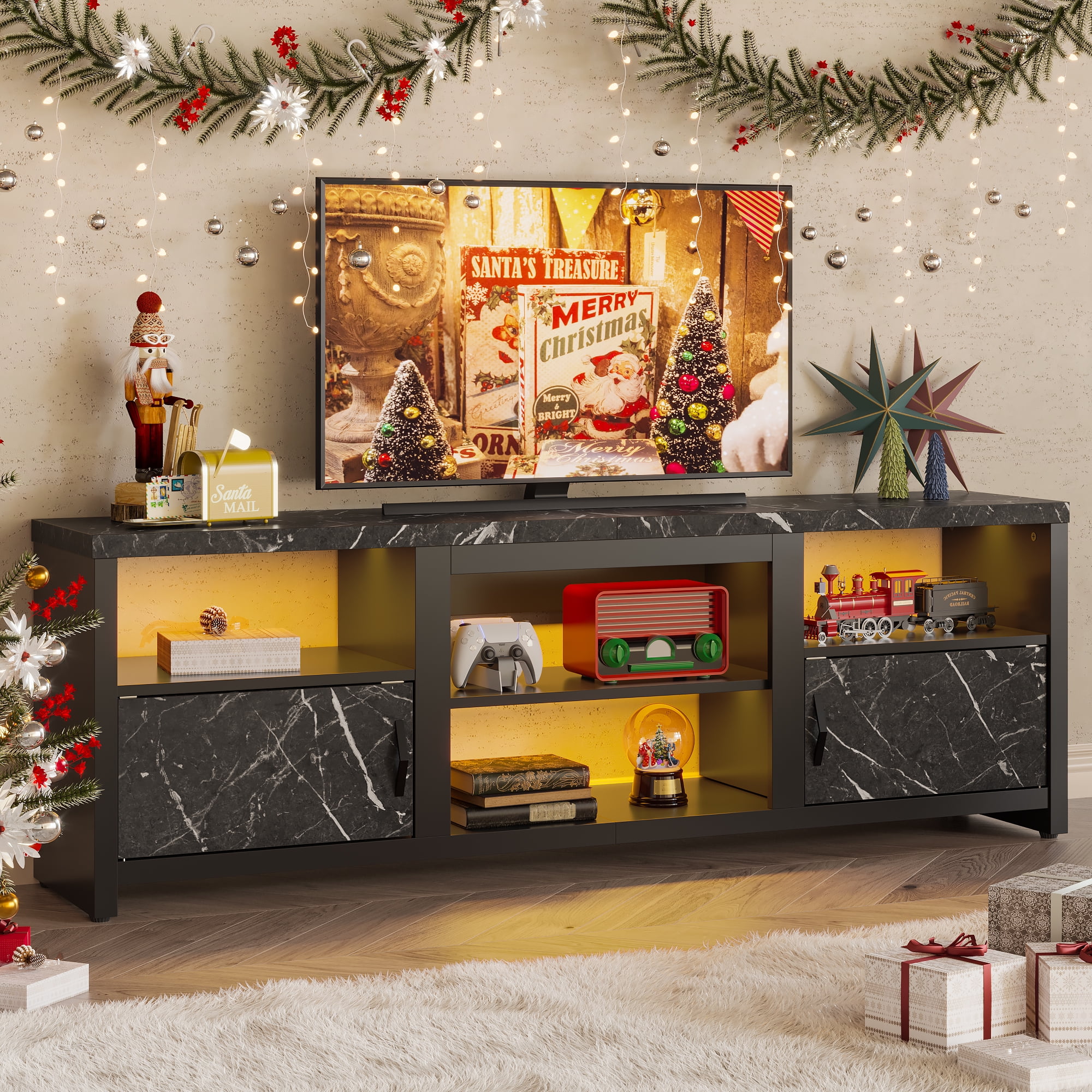 Bestier 70" LED TV Stand for TVs up to 80" with Cabinet & Open Shelves