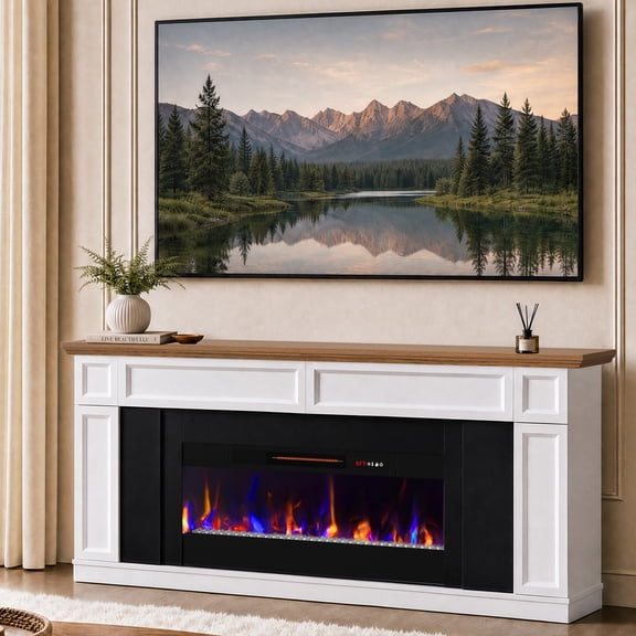 Bestier 70" Modern Fireplace TV Stand with 36" Electric Fireplace for TVs up to 75", Farmhouse Entertainment Center with Pop-to-Open Cabinet for Living Room, Antique White