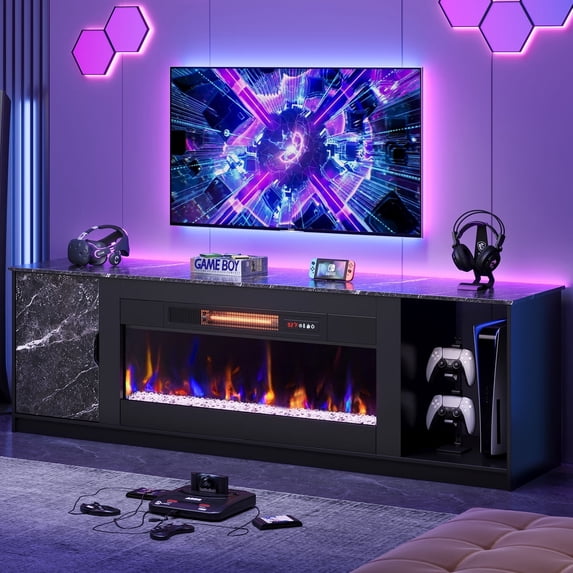 Bestier Fireplace TV Stand with Wide Electric Fireplace, 70" Modern Media Console with Storage for up to 80-Inch TVs & PS5 Gaming Console in Black Marble