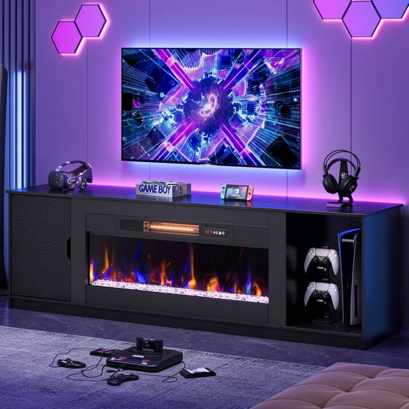 Bestier TV Stand with Fireplace, 70" Modern Entertainment Center with Ample Storage for 80-Inch TVs, Perfect for PS5 & Gaming Setup in Carbon Fiber Black