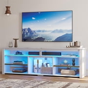 Bestier 70" TV Stand for 75" TV with LED Light Modern Tall Entertainment Center with Shelves for PS5, White Marble