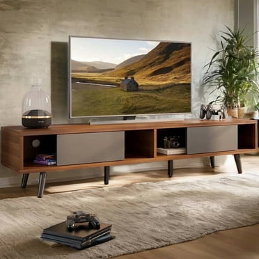 Bestier Mid-Century Modern TV Stand for TVs up to 70"/75"/80", 70" Entertainment Center with Sliding Doors for Living Room, Walnut