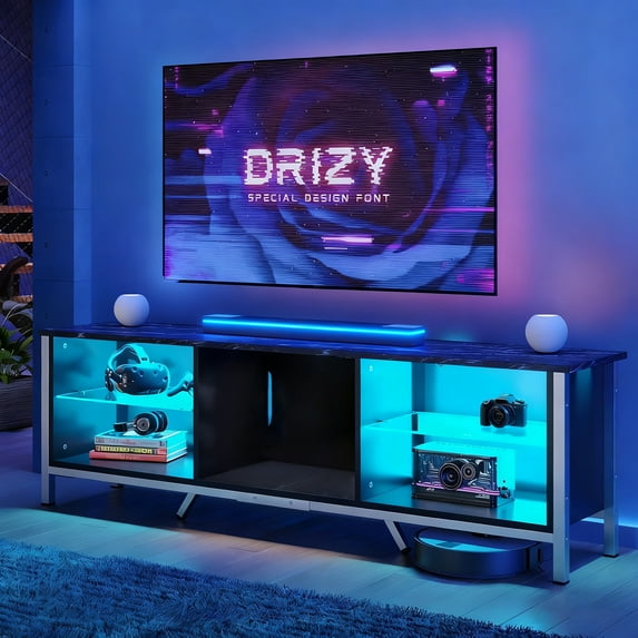 Bestier 70" TV Stand for TVs up to 80" with LED Lights Modern Gaming Entertainment Center, Black Marble