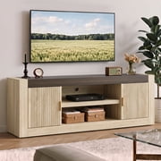 Bestier 70" TV Stands for TVs up to 75 Inch, Mid Century Modern Entertainment Center with Vertical Fluted Doors, Thick Panel Design, Storage Cabinets, Open and Adjustable Shelves for Living Room,Oak