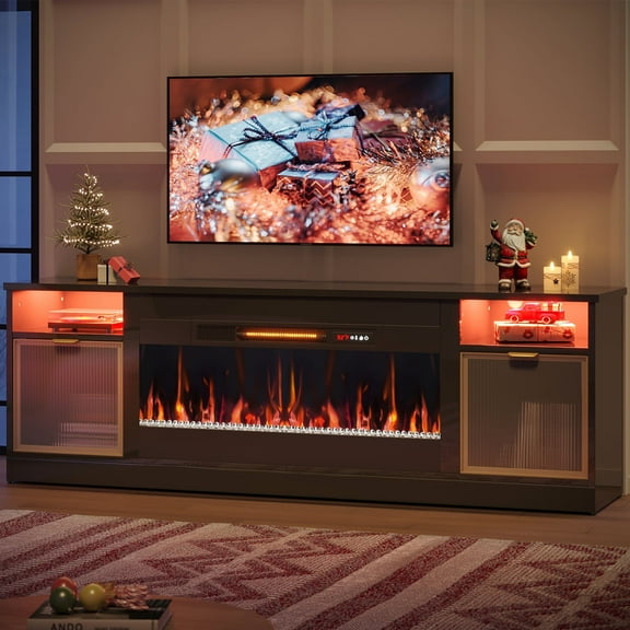 Bestier 70 inch Fireplace TV Stand with 36" Electric Fireplace, High Gloss Entertainment Center for TVs up to 80 inch with LED Lights & Storage Cabinets, Black