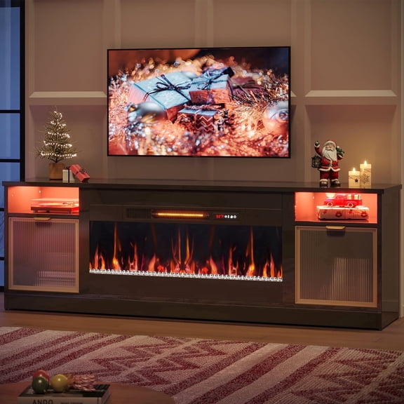 Bestier 70 inch Fireplace TV Stand with 36" Electric Fireplace, High Gloss Entertainment Center for TVs up to 80 inch with LED Lights & Storage Cabinets, Black