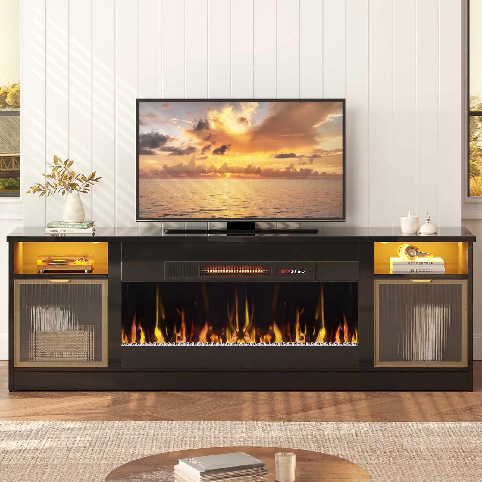 Bestier 70 inch Fireplace TV Stand with 36" Electric Fireplace, High Gloss Entertainment Center for TVs up to 80 inch with LED Lights & Storage Cabinets, Black