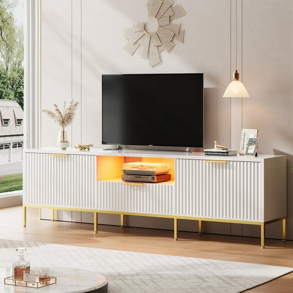 Bestier 70 inch LED TV Stand Modern High Gloss Fluted TV Cabinet Entertainment Center with Drawers for TVs up tp 75 inch, White & Gold