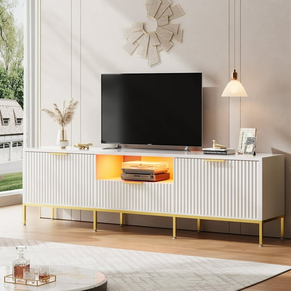 Bestier 70 inch LED TV Stand Modern High Gloss Fluted TV Cabinet Entertainment Center with Drawers for TVs up tp 75 inch, White & Gold