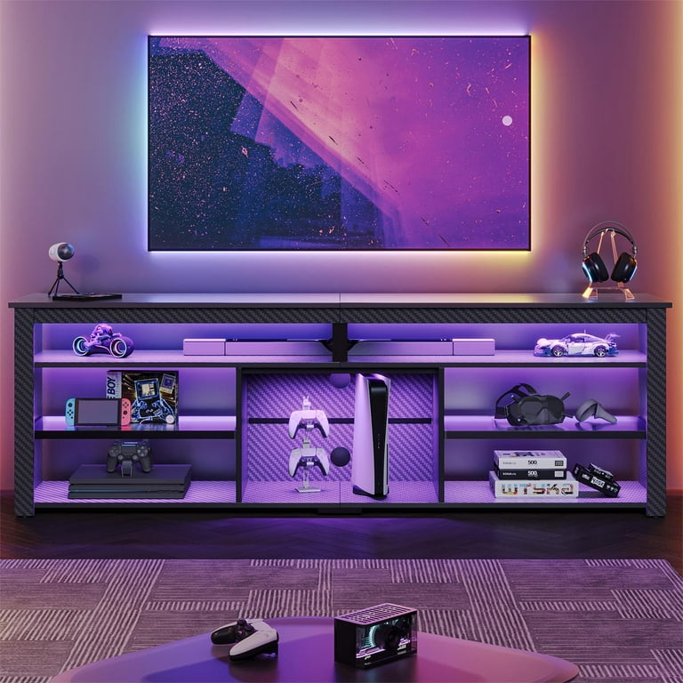 Bestier 70 inch Gaming Entertainment Center for TV Up to 75 inch LED TV Stand for PS5 Tall TV Console with Shelves Carbon Fiber Size 26.38 H x