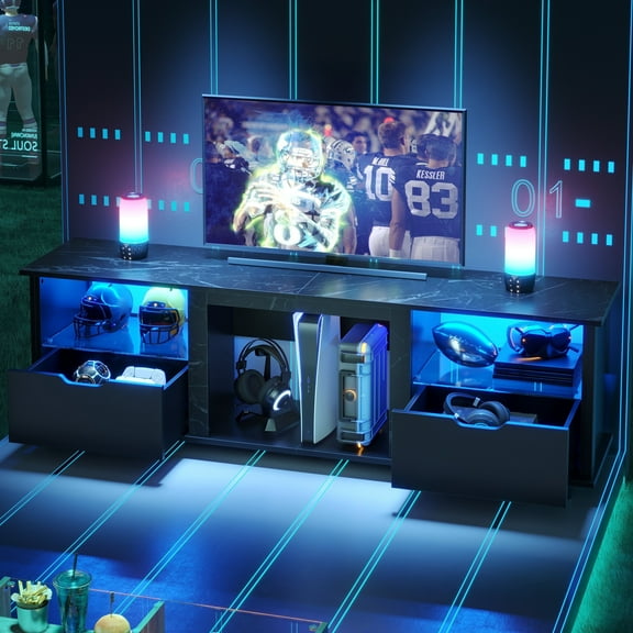 Bestier 70 inch TV Stand with LED Lights, Entertainment Center for TVs up to 75",  TV Console Table with Drawers & Adjustable Shelves, Black Marble