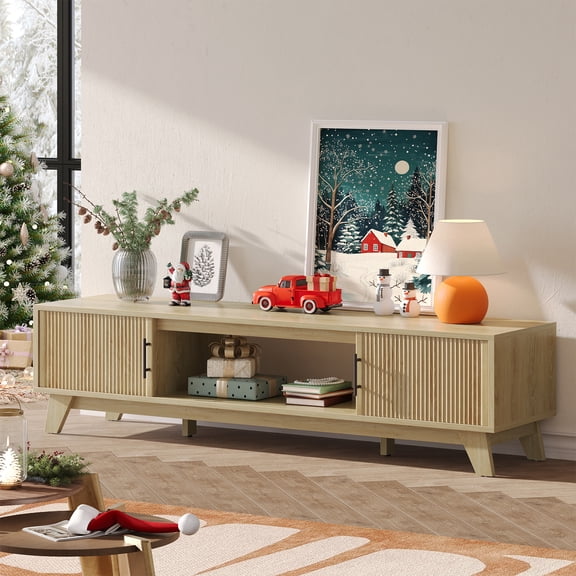 Bestier 70-inch Vertical Striped TV Stand,LogBestier 70 Inch TV Stand, Modern Entertainment Center with Fluted Storage Doors, Light Wooden Media Console, TV Cabinet for Living Room Bedroom,Log