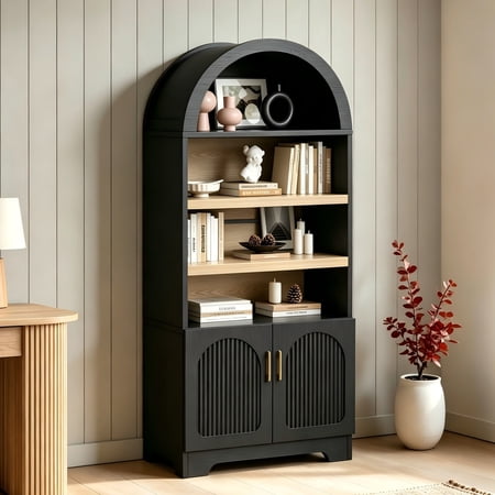Bestier 71" Arched Bookcase with Doors, 6-Tier Bookshelf with Storage, Modern Bookshelves with Cabinet, Storage Display Shelf for Living Room Home Office, Black