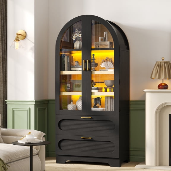 Bestier 71" Bookcase with Glass Doors and LED Lights, 4 Tier Storage Bookshelf with Adjustable Shelf, 2 Large Drawers for Study Home Office, Black