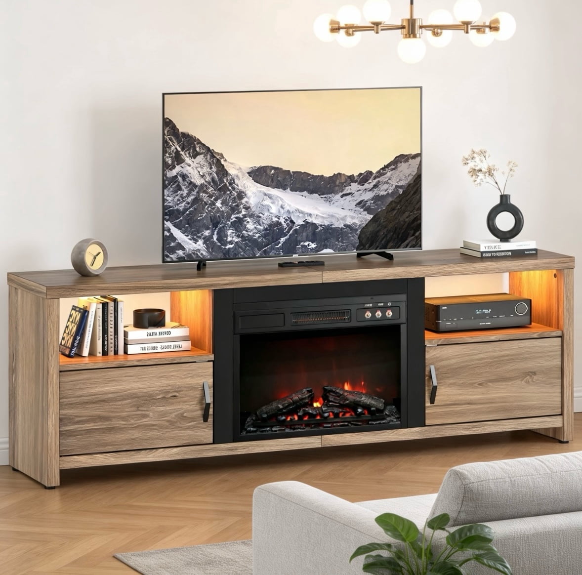 Bestier 71" Fireplace TV Stand for TVs up to 75" LED Entertainment Center with 23" Remote Control Electric Fireplace, Pinewood