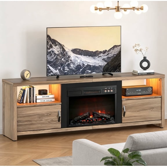Bestier 71" Fireplace TV Stand for TVs up to 75" LED Entertainment Center with 23" Remote Control Electric Fireplace, Pinewood
