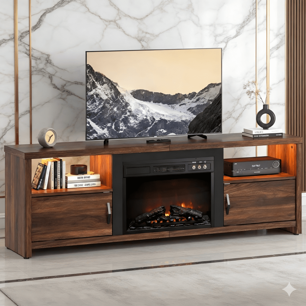 Bestier 71" Fireplace TV Stand for TVs up to 75" LED Entertainment Center with 23" Remote Control Electric Fireplace, Walnut