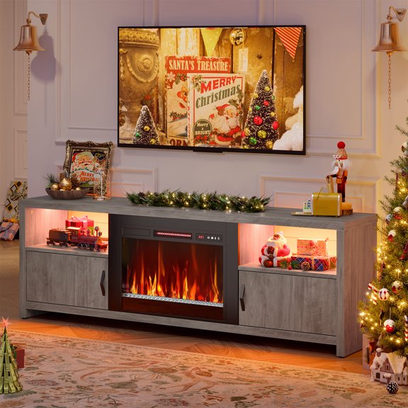 Bestier 71" Fireplace TV Stand for TVs up to 75" LED Entertainment Center with 23" Remote Control Electric Fireplace, Wash Grey