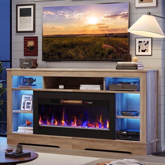Bestier 71" Fireplace TV Stand with 36" Electric Fireplace, LED Lighting, and Storage Entertainment Center Console Table for TVs up to 80", Gray Wash