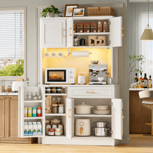 Bestier 71" Farmhouse Kitchen Pantry Cabinet with Charging Station and ...