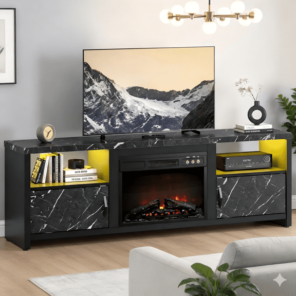 Bestier 71 inch Electric Fireplace TV Stand for TVs up to 75", Modern Entertainment Center with LED Lights, Black Marble