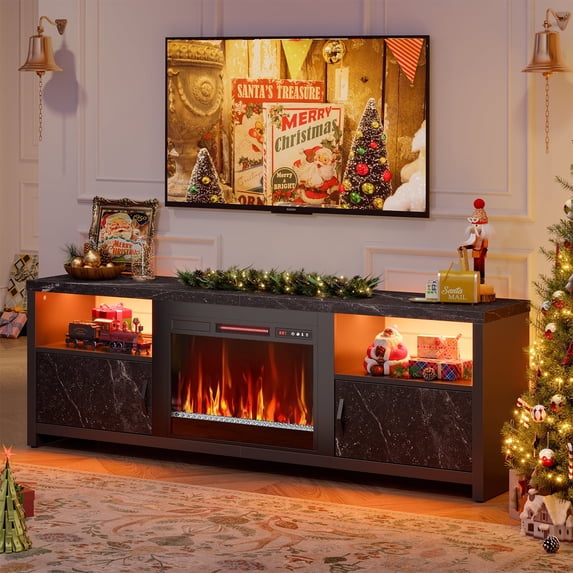 Bestier 71 inch Electric Fireplace TV Stand for TVs up to 75", Modern Entertainment Center with LED Lights, Black Marble