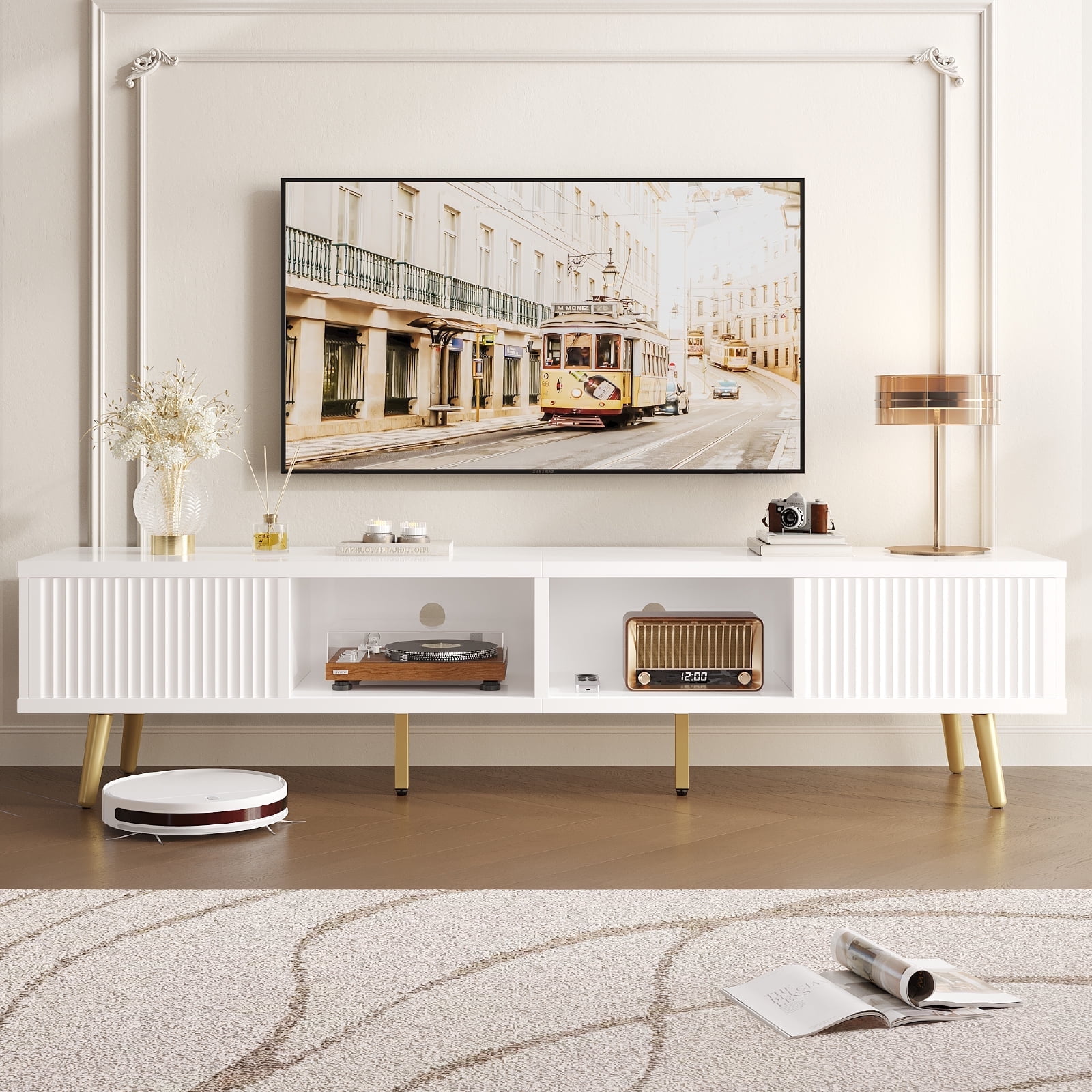 Bestier High Gloss TV Stand for 75 inch TVs, Modern Entertainment Center with Storage Cabinet, TV Console Table for Living Room,White