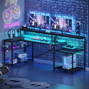 Bestier 71 inch L-Shaped Gaming Desk with Power Outlets LED Computer Office Table with Monitor Stand & Storage Shelf in Carbon Fiber Black