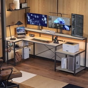 Bestier 71 inch L-Shaped Gaming Desk with Power Outlets LED Computer Office Table with Monitor Stand & Storage Shelf in Grey