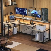 Bestier 71 inch L-Shaped Gaming Desk with Power Outlets LED Computer Office Table with Monitor Stand & Storage Shelf in Grey