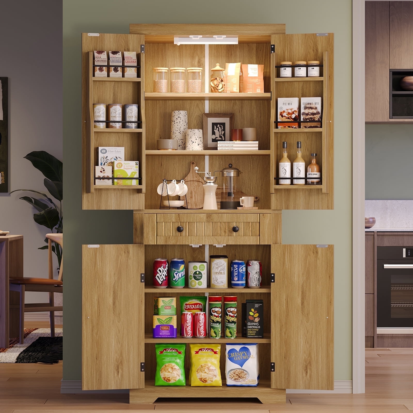 Bestier 72" Tall Kitchen Pantry Storage Cabinet with Doors and Shelves, Food Pantry Cabinet with Motion Sensor Light, Natural Oak
