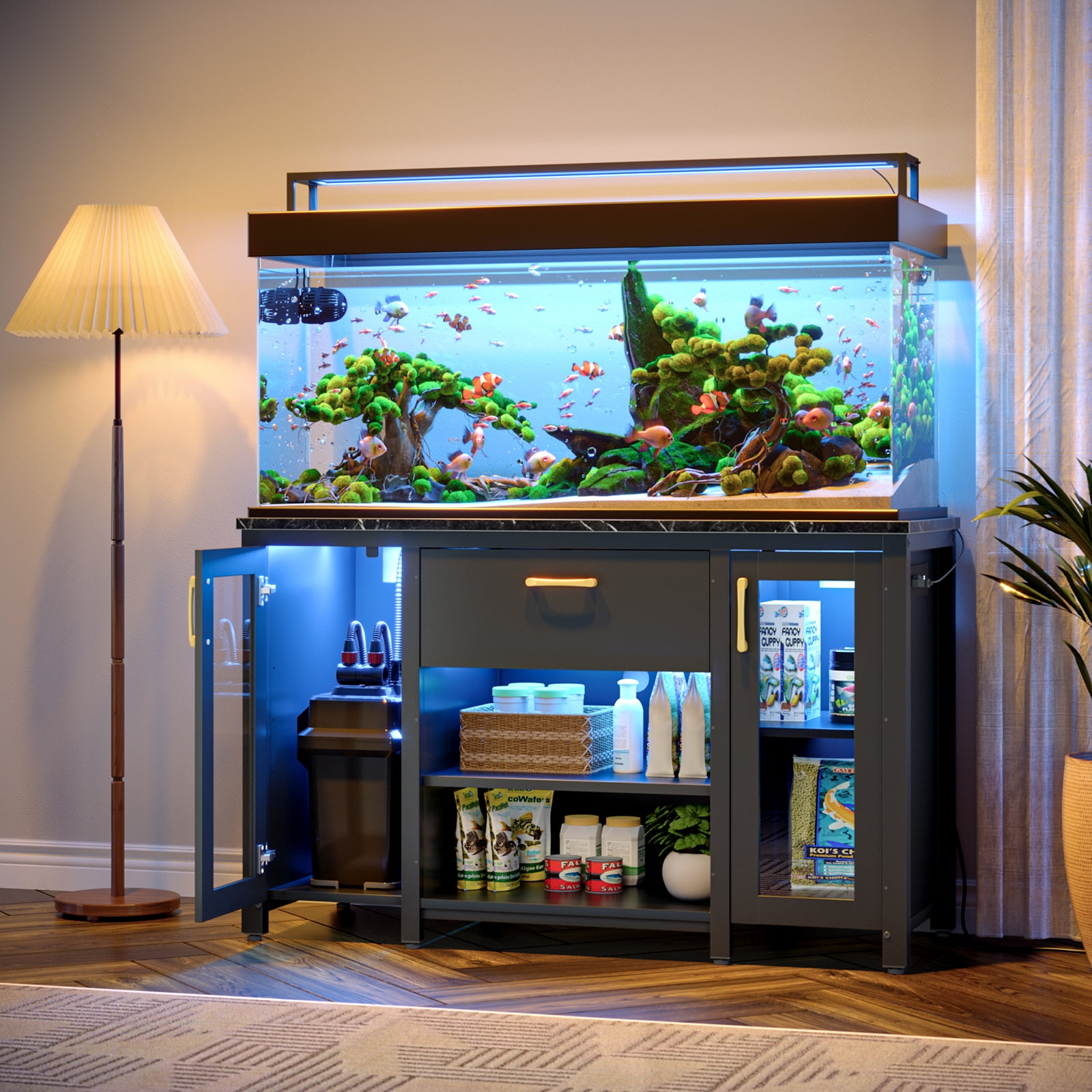 Black Metal Aquarium Stand with Storage Cabinet and LED Light