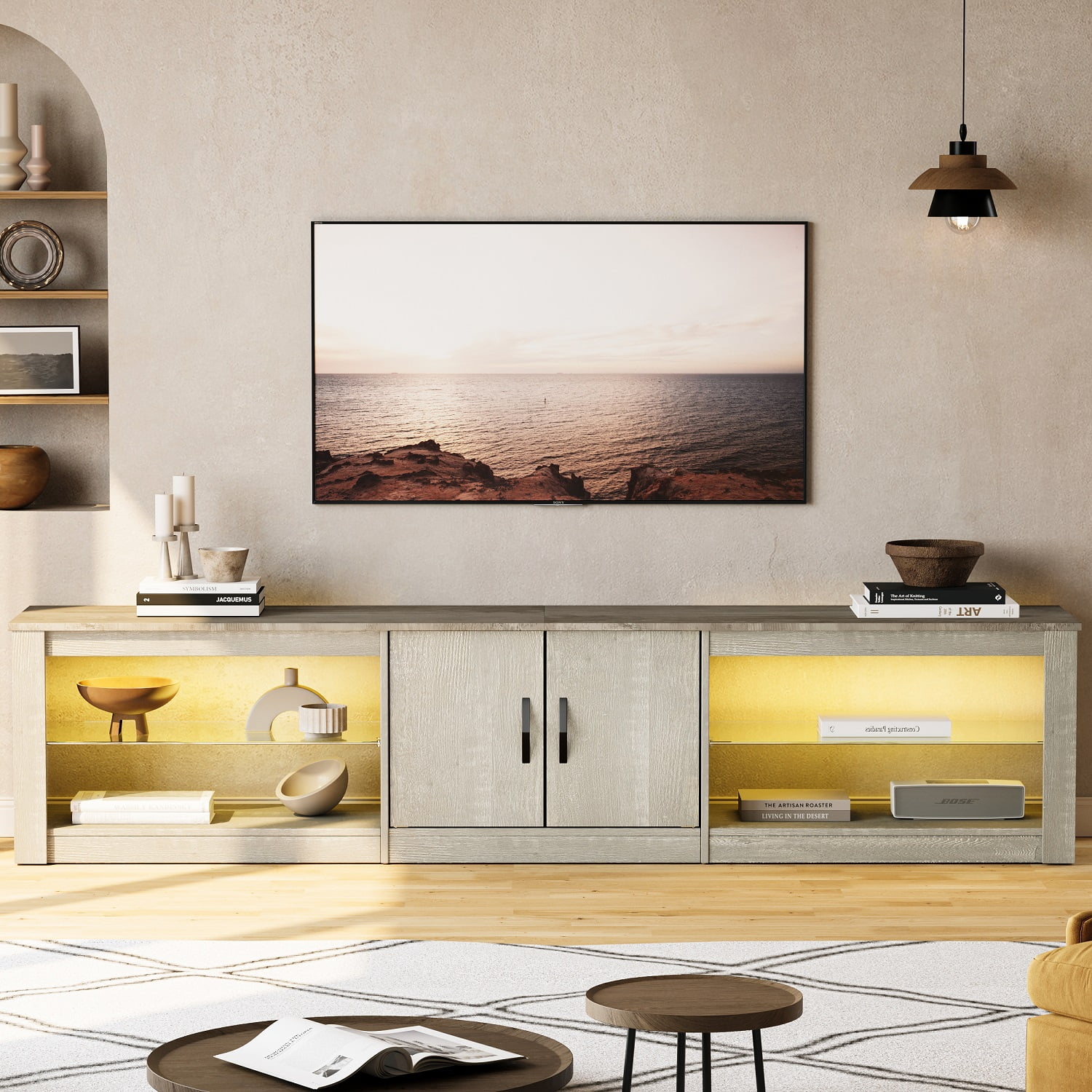 Bestier 80" TV Stand for TVs up to 85" with LED Lights Entertainment Center for Living Room in Wash White