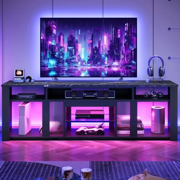 Bestier TV Stand for TVs Up to 85",Modern Entertainment Center for Living Room/Gaming Room,with Deep Storage Cabinet & Adjustable Shelves, Dynamic LED Lights,Black