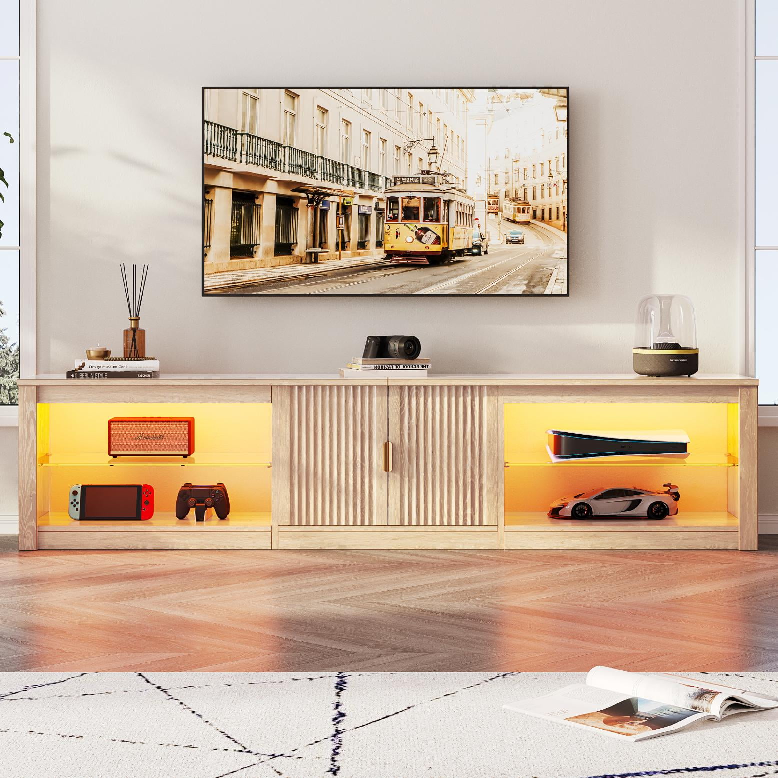 Bestier 80 inch TV Stand for TVs up to 85", Entertainment Center with LED Lights & Storage Cabinet, Farmhouse Fluted TV Console, LOG