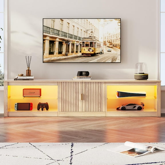 Bestier 80 inch TV Stand for TVs up to 85", Entertainment Center with LED Lights & Storage Cabinet, Farmhouse Fluted TV Console, LOG