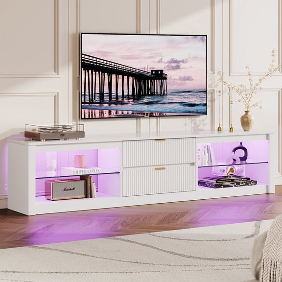 Bestier 80 inch TV Stand for TVs up to 85", High Gloss Entertainment Center with LED Lights & 2 Storage Drawers, Modern Fluted TV Console, White