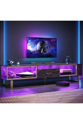 LED TV Stand for TVs up to 85", Entertainment Center with Drawer & Storage Shelves, Black Marble
