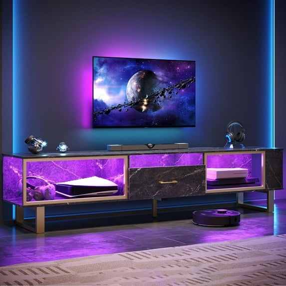 Bestier LED TV Stand for TVs up to 85", Entertainment Center with Drawer & Storage Shelves, Black Marble