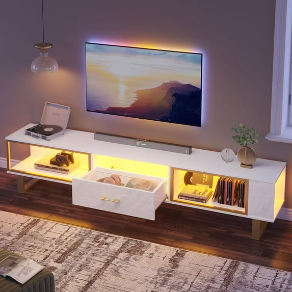 Bestier LED TV Stand for TVs up to 85", High Glossy Entertainment Center with Drawer & Storage Shelves, White